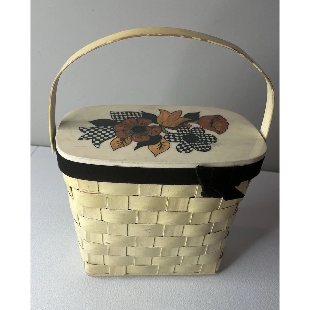 VTG Top Handle Wood Basket Purse Floral Lid Woven Handbag Decoupage MCM